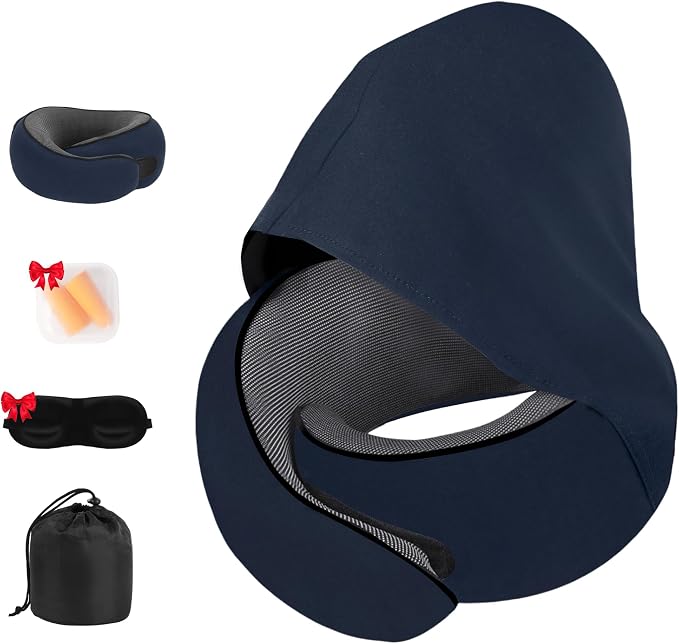 Travel Neck Pillow, Newly Upgraded Hooded Neck Pillow , 100% Pure Memory Foam Travel Pillow for Flight Headrest Sleep,Portable Aircraft Accessory,Suitable for use in Plane/Car/Office(Dark blue) by Unknown