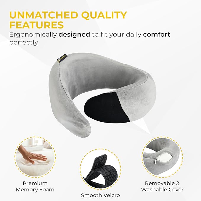Travel Neck Pillow – Airplane Travel Essentials with Ergonomic Memory Foam Comfort – Premium Travel Pillows for Airplanes and Long Journeys, Compact Carry Pouch (Grey) - Image 3
