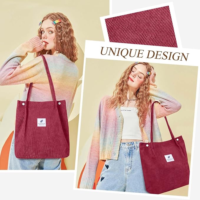 LHMTQVK Corduroy Tote Bags for Women, Large Capacity Tote Purse Reusable Grocery Shoulder Bag with Inner Pockets - Image 2