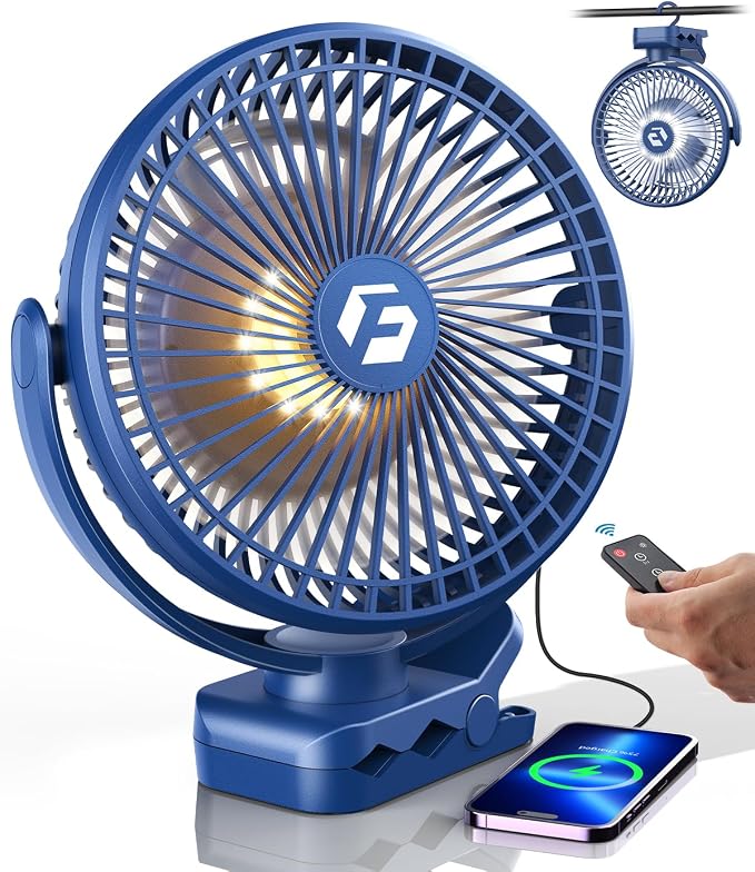 8" Clip on Fan, 20000mAh Rechargeable Fan Battery Portable, Strong Airflow | 3 Speeds, USB Fan Small Desk Fan Personal Quiet Fan for Office, Stroller, Bedroom, Camping, Gifts for Men, Blue by KorbotBestCoolingForYou