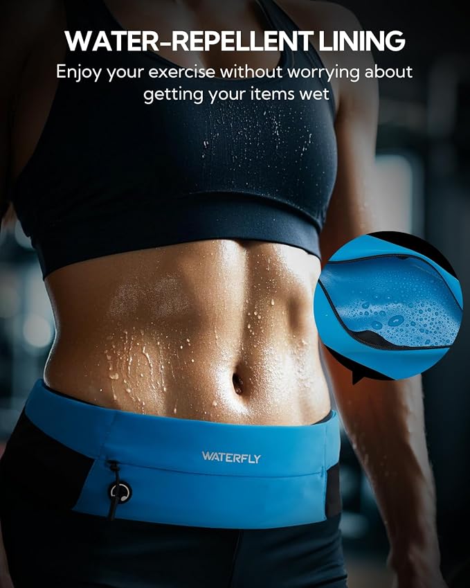 WATERFLY Running Belt Fanny Pack: Slim Lightweight Waist Bag for Runners | Trim-to-Size Hook & Loop Fit 24"-47", Workout Phone Holder, 3 Pockets, Reflective Strip, Fitness Jogging Exercise, Women, Men - Image 5
