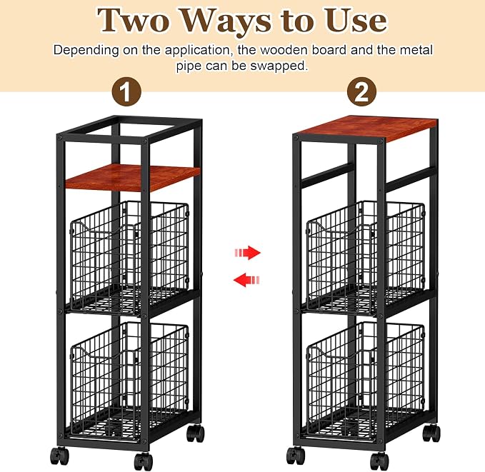 Hongtamoya 3 Tier Laundry Room Cart with Pull-Out Baskets, Utility Slim Storage Cart with Wheels Small Rolling Cart with Wood Top Metal Narrow Bathroom Laundry Room Organization Trolley, Black - Image 6