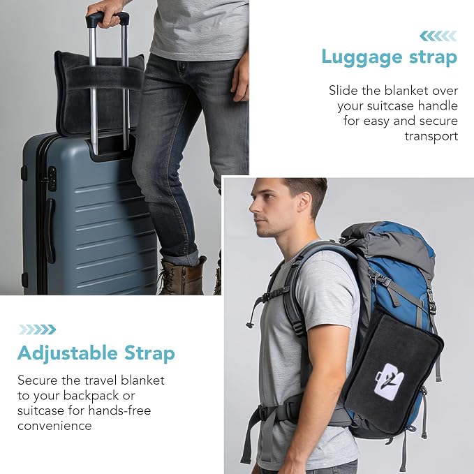Travel Pillow and Blanket 2-in-1 Set Airplane Black 60x50 Inch | Plane Packable , Soft Warm and Lightweight Flannel, Hand Luggage Sleeve and Backpack Clip, Plane Flight Car Trips - Image 4