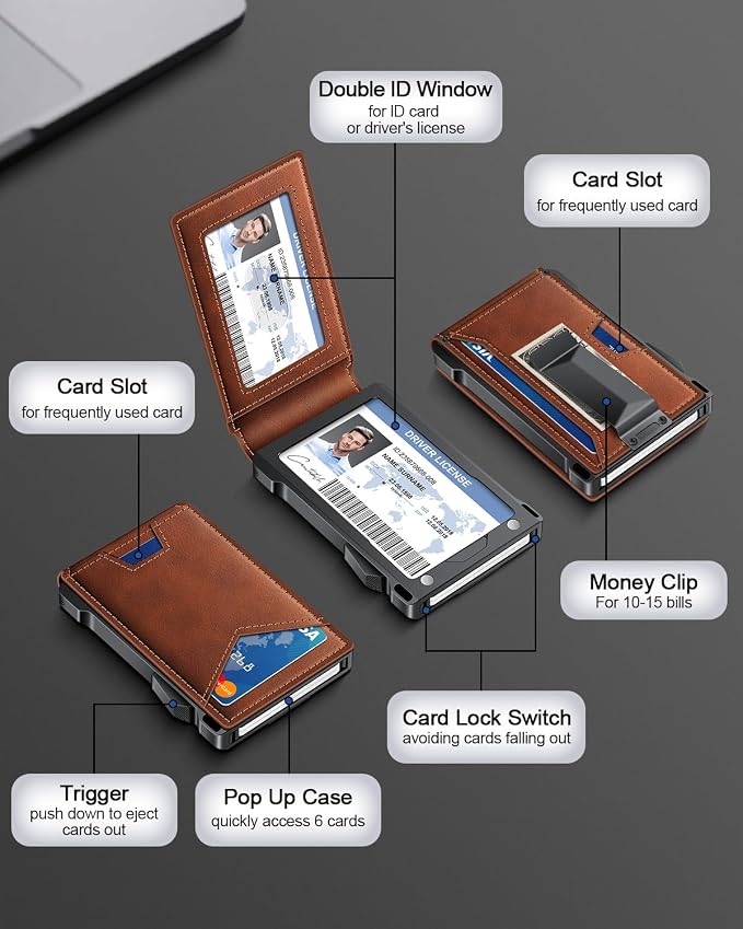 Wallet for Men RFID Wallet with 2 ID Windows & Money Clip, Slim Pop Up Card Holder for 10-12 Cards, Bifold Minimalist Smart Wallet for Front Pocket, Compact Metal Credit Card Holder, Gifts for Men - Image 6