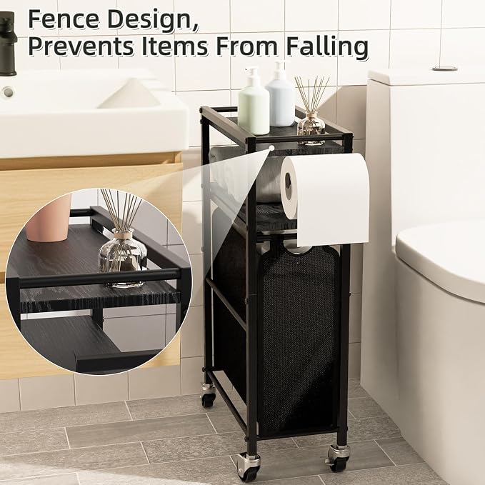 Toilet Paper Holder with Storage Bag & Wheels - Freestanding Bathroom Organizer Holds 9 Rolls for Small Spaces, Essentials Storage Beside Toilet-Black - Image 7