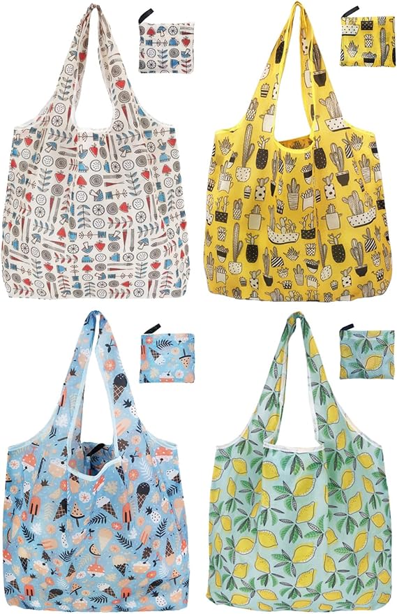 Reusable Foldable Shopping Bags, 4 Pack - Lightweight And Compact, Grocery Totes With Summer Patterns, Machine Washable And Durable, Ideal For Groceries, Travel, And Daily Use by NewOpportunityInLivingKindly