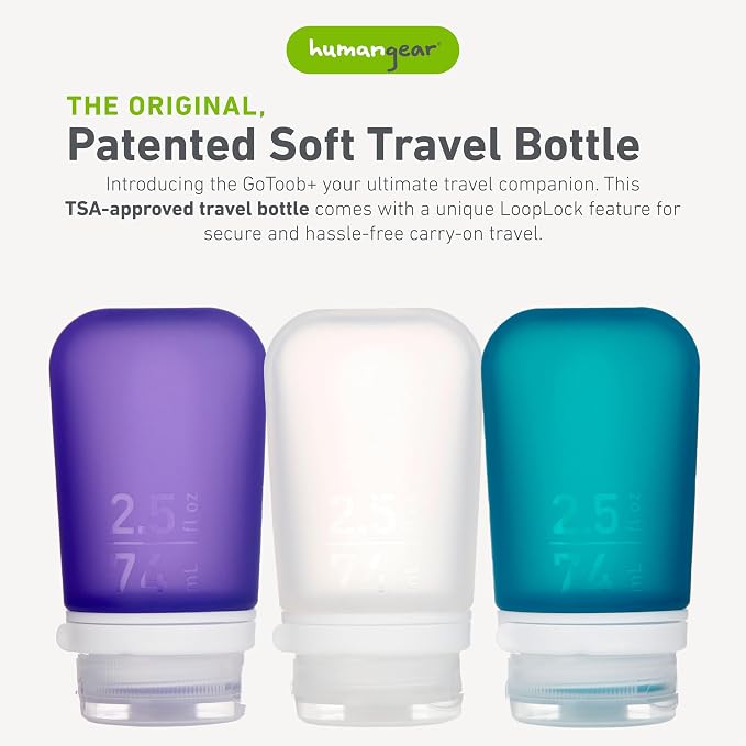 humangear GoToob+ 3-Pack, Medium (2.5 fl oz), Clear/Purple/Teal | Refillable & Leak-Proof Silicone Travel Size Bottles with Locking Cap for Toiletries, Camping & TSA Carry-On - Image 2