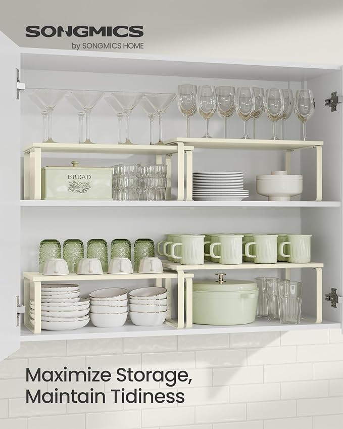 SONGMICS Cabinet Organizer Shelf, Set of 2 Spice Rack, Kitchen Storage | Kitchen Counter Storage Spice Rack, Steel, Bamboo, Cream, BYSTRO Collection UKCS200W02 - Image 2