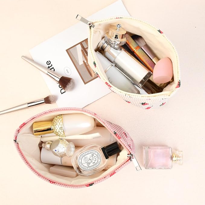 SOIDRAM 2 Pcs Cute Makeup Bag Large Cosmetic Bag Toiletry Bag Makeup Pouch Travel Bag Organizer Cute Makeup Brushes Aesthetic Accessories Storage Bag for Women Strawberry Pink Beige - Image 4