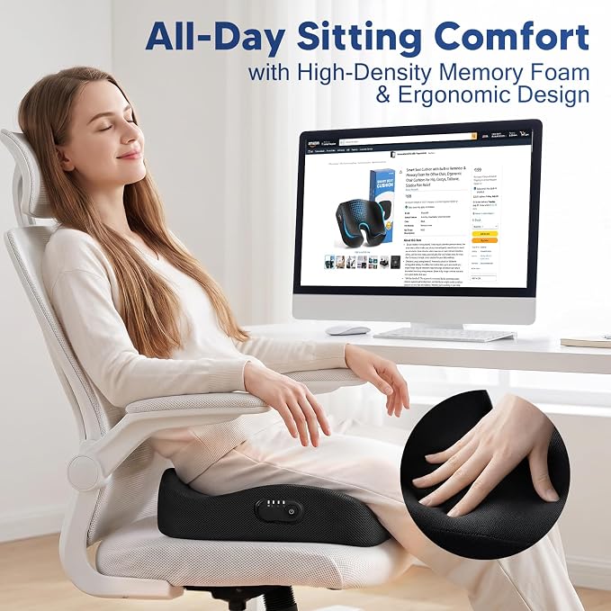 Smart Seat Cushion with Built-in Reminder & Memory Foam for Office Chair, Ergonomic Chair Cushions for Hip, Coccyx, Tailbone, Sciatica Pain Relief - Image 6