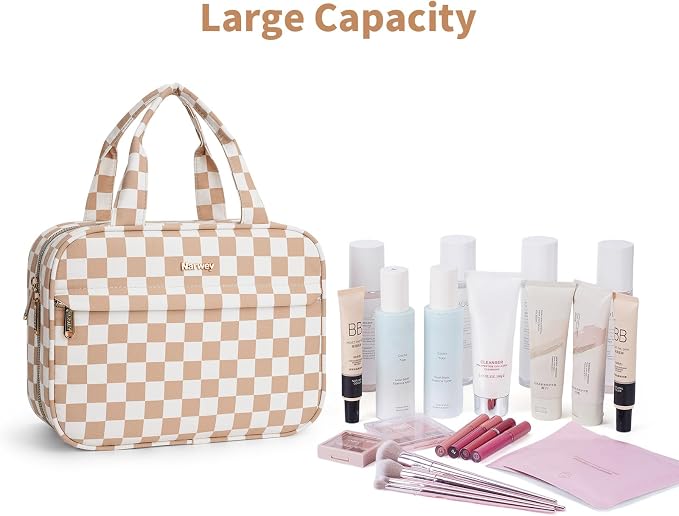 Narwey Hanging Toiletry Bag for Women Checkered Travel Makeup Bag Organizer Cosmetic Make up Toiletries Bag for Travel Essentials Accessories (Light Brown Checkerboard, Medium) - Image 6