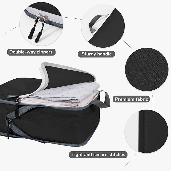 7 Set Compression Travel Packing Cubes for Suitcases, Black | Travel Essentials for Suitcase, Luggage Organizer Bags for Travel with Shoe Bag, Travel Bags for Shoes, Clothing - Image 4