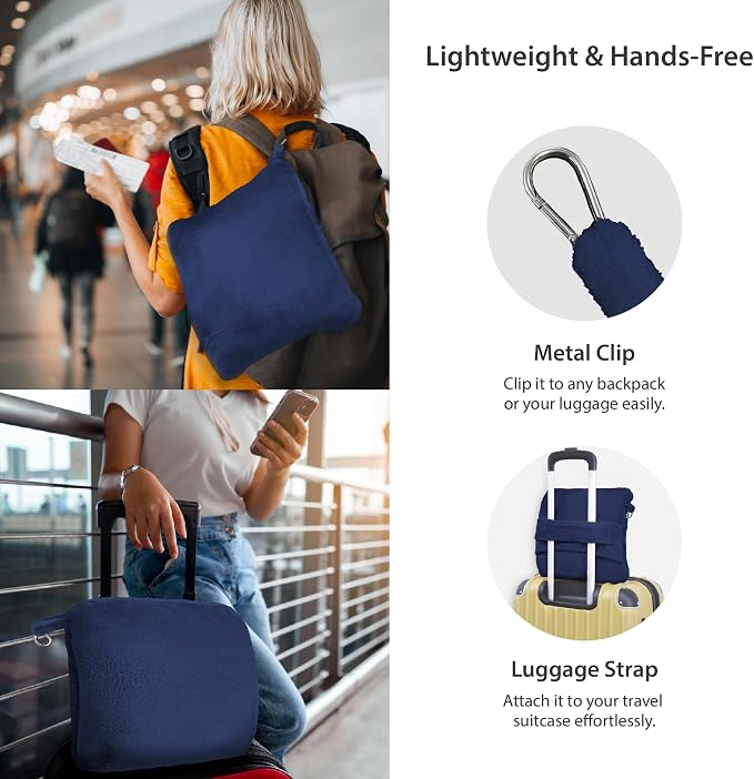 DEZ FURNISHINGS 4-in-1 Travel Compact Blanket Pillow Super Soft Velvet with Luggage Sleeve and Backpack Clip, Navy, 60" W x 45" H - Image 2