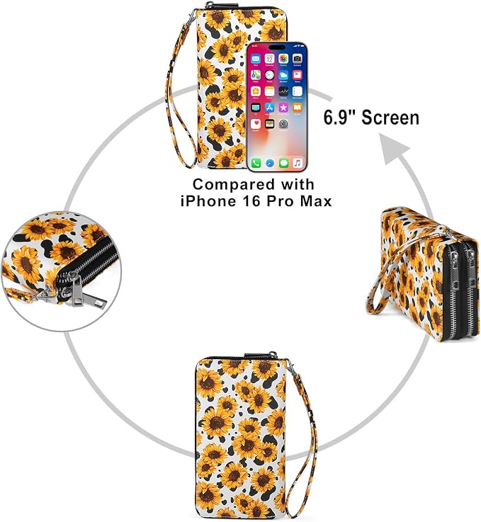 RFID Wallet with Phone Pocket for Women - Double Zipper Wristlet Purse Large Capacity, 17 Card Slots, Coin Pocket, Cow Sunflower - Image 6