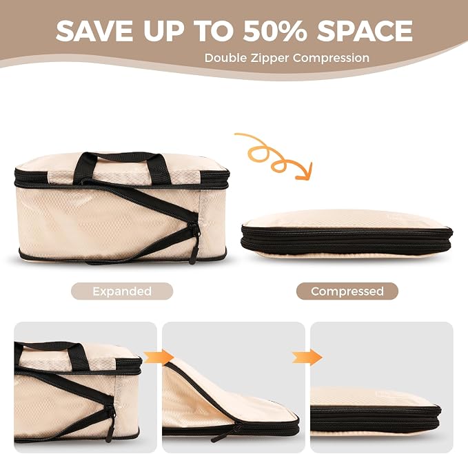 8-Piece Compression Packing Cubes for Travel, Luggage Organizer Sets | Ultralight Aesthetic Packing Cubes with Space Save & Double Zipper for Carry-On & Suitcase, Travel Essentials- Beige - Image 2