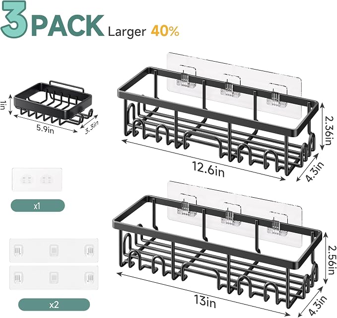 Veken Shower Caddy 3-Pack, Advanced Rustproof Design, No Drilling Adhesive Shelves, Rack with Soap Holder, Large Capacity Bathroom Organizers and Storage, Wall-Mounted Kitchen & Home Decor, Black - Image 7
