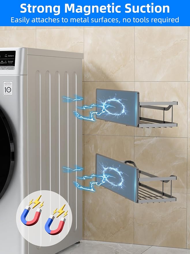 Multifunctional Magnetic Shelf for Washing Machine, Refrigerator, Microwave, and Any Metal Surface, Powerful Magnetic Shelves Include Magnetic Paper Towel Holder, Unique Hollow Design (5 pcs - Grey) - Image 5