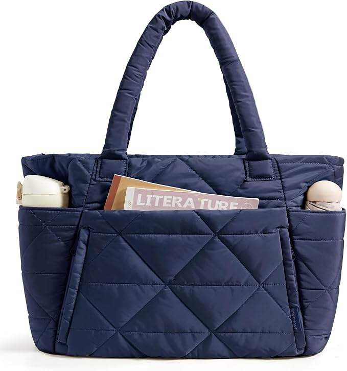 BAGSMART Tote Bag for Women, Puffer Tote Bag with Zipper, Large Quilted Shoulder Bag with Compartments for Travel, Work, Gym by BAGSMART