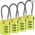 TSA Approved Luggage Locks, Combination Cable Locks, 4 Pack, Lime | Search Alert shows TSA key access; resettable 3-digit code and flexible braided steel cable for suitcases and backpacks. by TRAVOCE