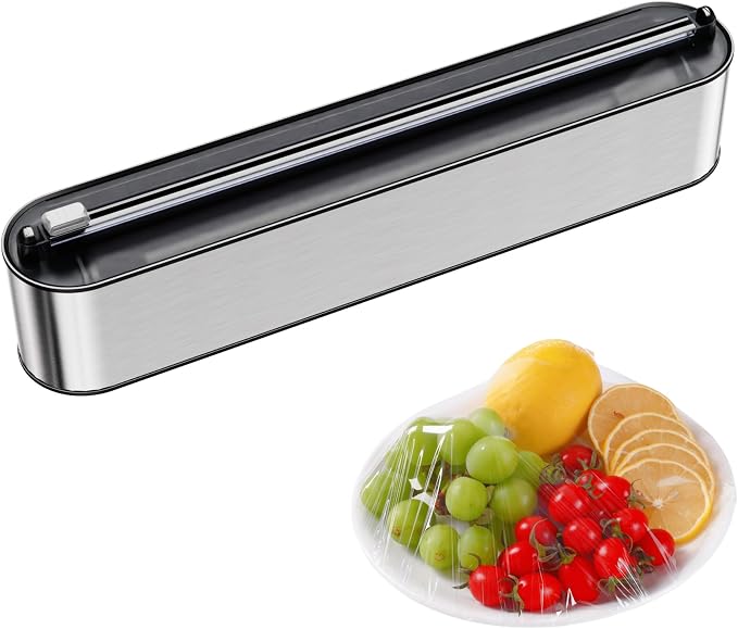 Aluminum Foil & Plastic Wrap Dispenser with Cutter - Magnetic & No-Drill Wall Mount, Stainless Steel Design, Space-Saving Kitchen organizer for Countertops & Cabinets - Fits 12" Rolls, Silver by Quasziwa