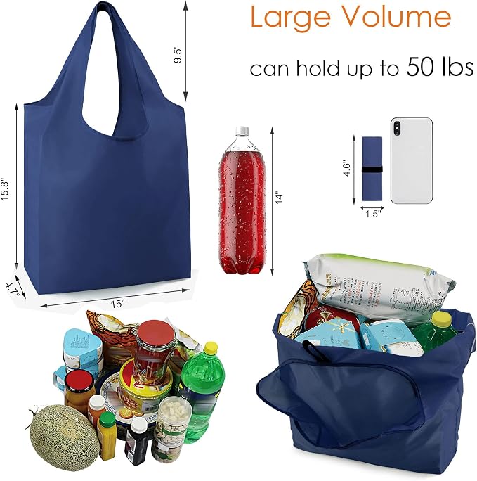BeeGreen Navy Blue Reusable Grocery Bags Bulk 10 Packs, Kitchen Reusable Shopping Bags 50LBS Large, Machine Washable Durable, Easily Foldable with a Storage Bag - Image 3