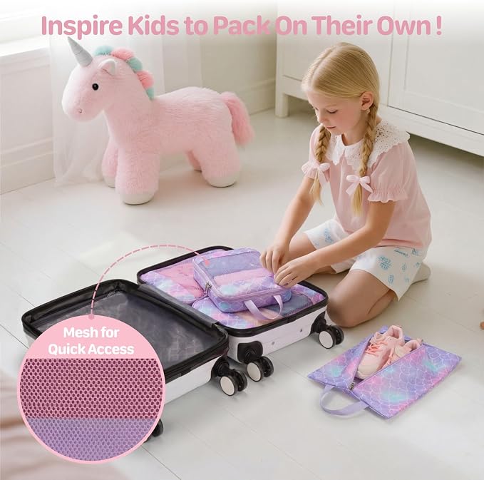Kids Compression Packing Cubes - 4 PCS Sets, Purple Memarid | Water Resistant 4 Piece Set with Shoe Bag, Toddler Suitcase Organizer Set, Expandable Storage for Luggage - Image 3