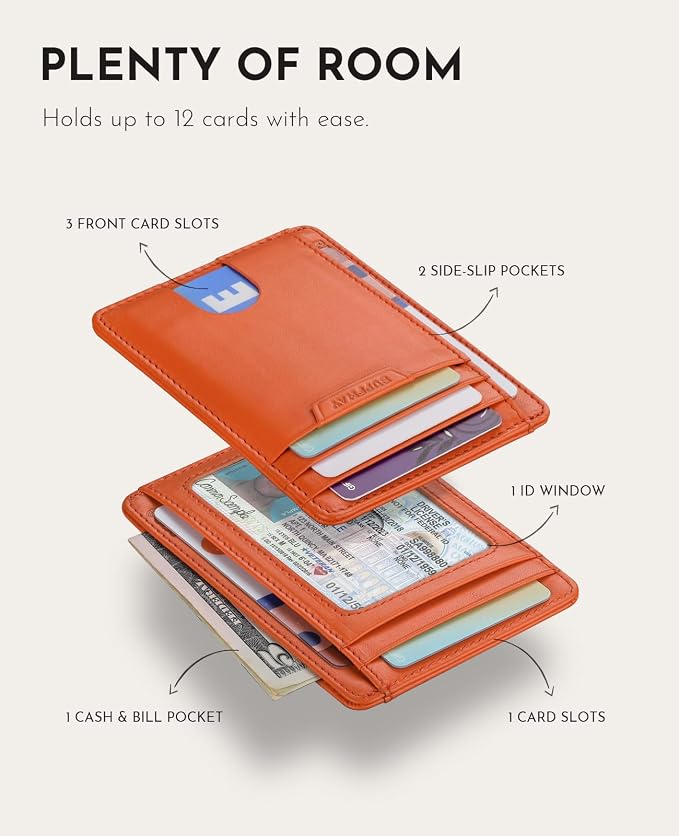 Buffway Slim Wallet for Men Women Minimalist Small Leather Front Pocket Wallets with RFID Blocking and Gifts Box - Bassa Orange - Image 4