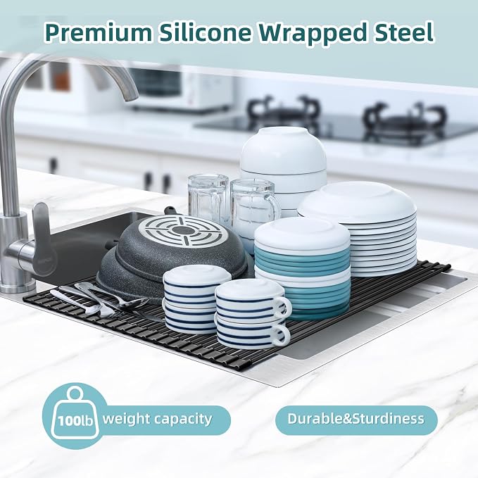 Ohuhu Sink Drying Rack, 20.5" W x 16.1" L Over Sink Roll-Up Dish Drainer - Rolling Foldable Accessories Heat-Resistant Mat Anti-Slip Silicone Coated Multipurpose for Kitchen Counter - Image 7