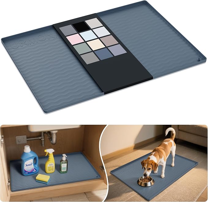 URMONA Waterproof Silicone Under Sink Mat 31'' x 22'' Shelf Liner for Kitchen and Bathroom, Cabinet and Counter Protector, Storage and Organizers, Litter Mat, Pet Cat Puppy Essentials(Dark Grey) by URMONA
