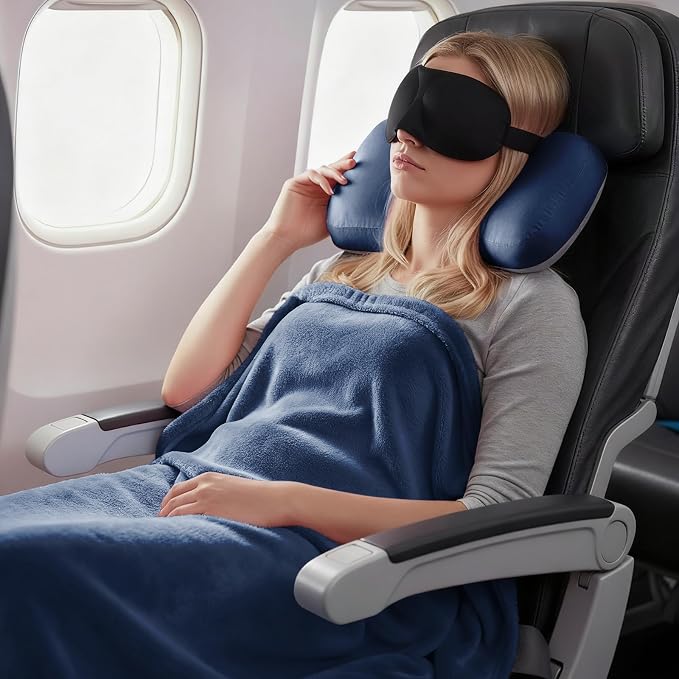 urnexttour 4-in-1 Travel Pillow & Blanket Set with Eye Mask, Memory Foam Neck Support, 50x65 Inch Blanket, Storage Bag for Airplane, Car, Train, Home Travel Blue - Image 6