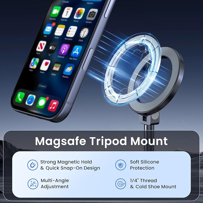 Itramax Magnet Camera Phone Mount Tripod Holder with Cold Shoe Adapter | Metal Hot Shoe Phone Attachment for iPhone Air 17 16,Camera Cage & Monitoring,Stabilizer,360° Rotatable 1/4 Cell Phone Mount - Image 2