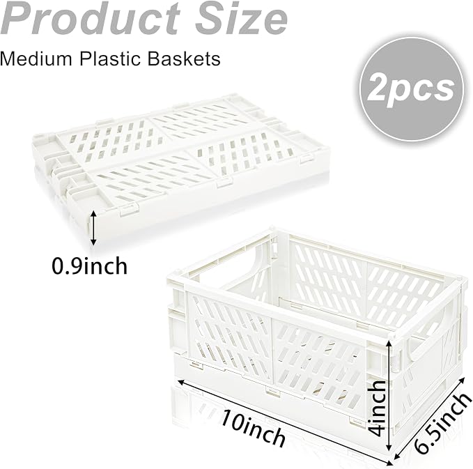 2 Pack Mini Foldable Small Plastic Baskets for Organizing and Storage，Collapsible Storage Crates,Mini Bins for Home Kitchen Bedroom Bathroom Office (White, Large 10x6.5x4) - Image 2