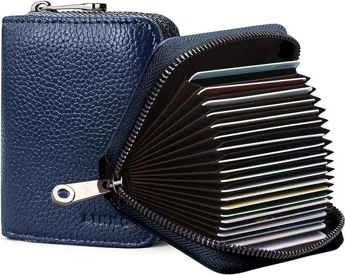 Linno RFID 20 Slots Credit Card Holder Genuine Leather Small Wallet for Women or Men with Zipper by Linno