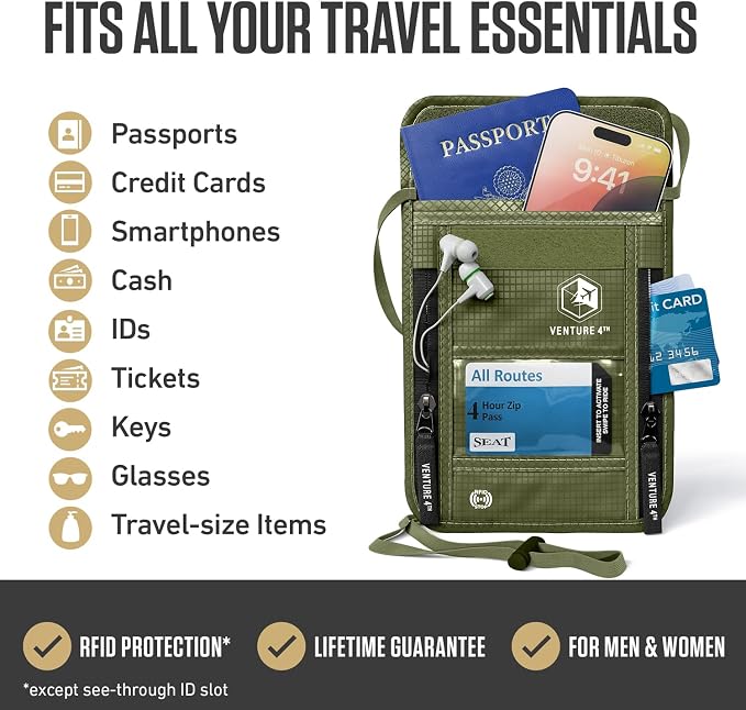 VENTURE 4TH Travel Neck Wallet, RFID Blocking Passport Holder - Green - Image 2