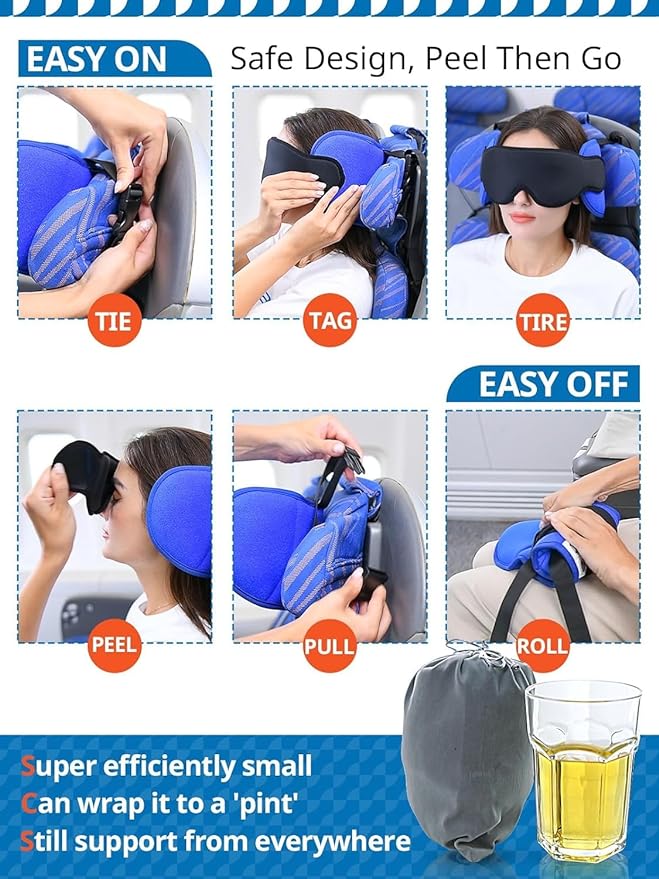 SARISUN Travel Pillows for Airplanes, 360° Stable Support for Sleep, 2pcs | Airplane Head Strap with Seat Strap, Sleep Eye Mask, Long Flight Travel Essentials, Stop Bobblehead, Black+Mottled Blue - Image 4