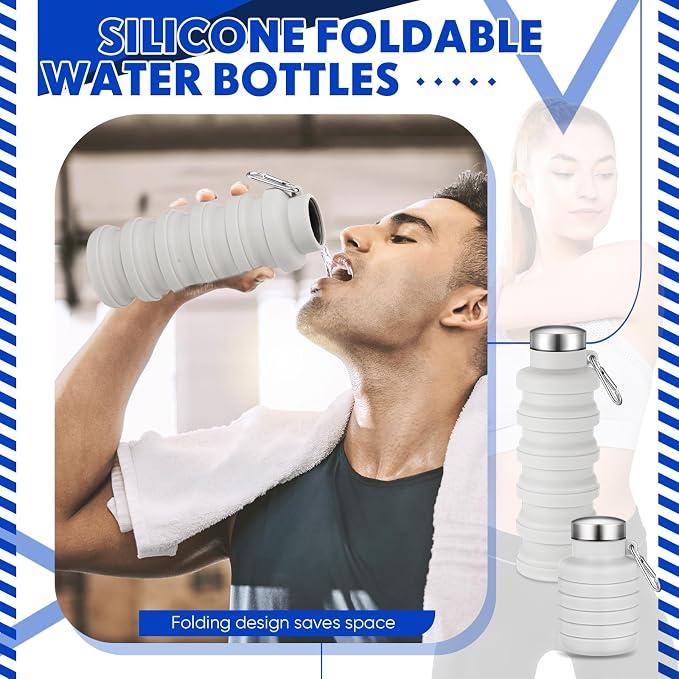 Baderke Collapsible Water Bottles 17oz Travel Sports Portable Water Bottle with Portable Buckle Silicone Lightweight Reusable Leakproof for Camping Hiking Yoga Outdoor(Gray White) - Image 6