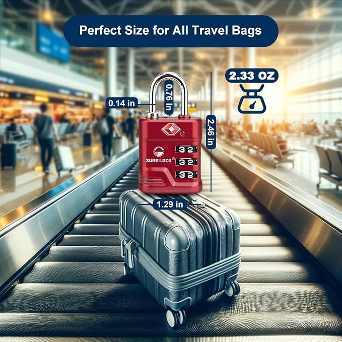 SURE LOCK TSA Approved Luggage Lock – 3-Digit Resettable Combination Padlock with Open Alert Red Dot, Large Easy-Read Dials for Suitcases, Backpacks, Gym & School Lockers(Red 2 pk) - Image 5