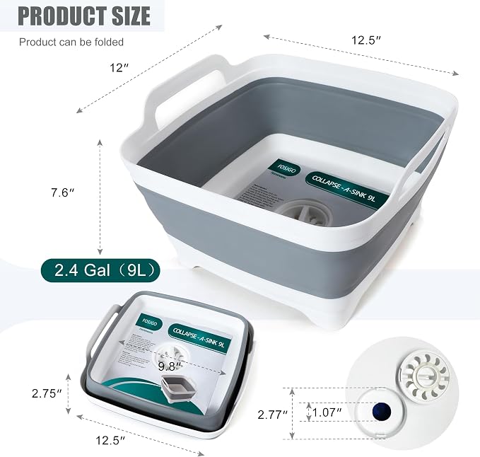FOSJGO Collapsible Dish Basin with Drain Plug, Foldable Sink, 2.4 Gal (9L) | Space-Saving Wash Basin for Kitchen, Baby Bottles, Vegetable Washing, Camping, RV and Party Beverage Tubs - Image 4