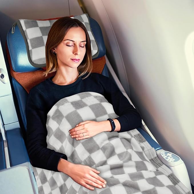 Travel Blanket and Pillow Compact, Premium Soft 2 in 1 Airplane Blanket with Soft Bag Pillowcase，Hand Luggage Sleeve and Backpack Clip (Grey Checkered) - Image 6