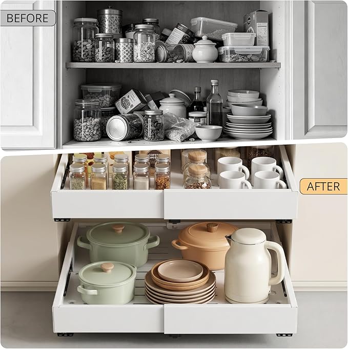 DOMNIU 2 Pack Pull Out Cabinet Organizers Width(12"-19"), Depth(17"-23") | Slide Out Drawers, Upgrade 3 Slide Rails Sliding Drawer for Kitchen Cabinet Organizer, White - Image 4