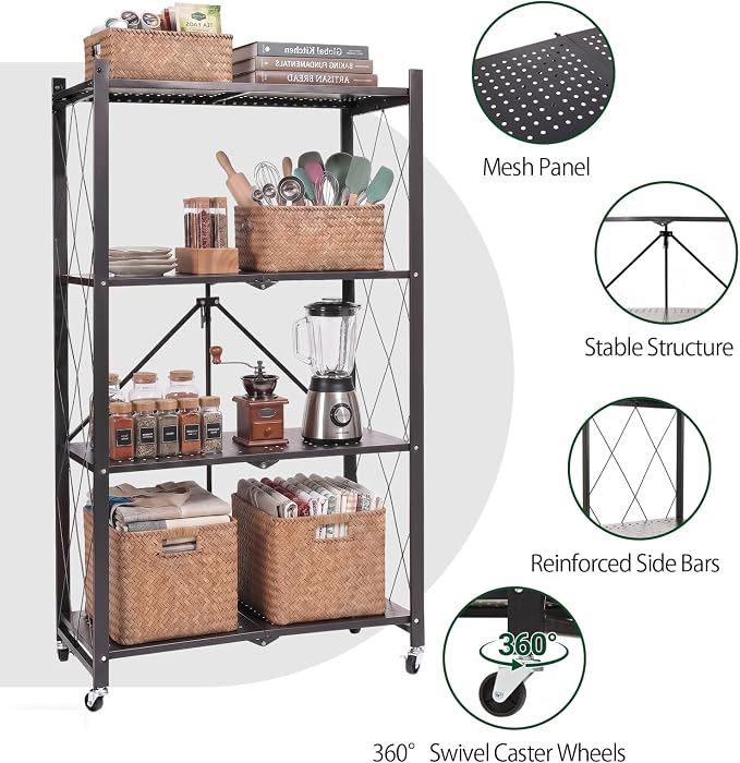 4-Tier Foldable Storage Shelf with Wheels – Heavy Duty 550 LBS Capacity, Collapsible Metal Steel Rolling Rack for Garage, Kitchen, Pantry, Office – Black - Image 3