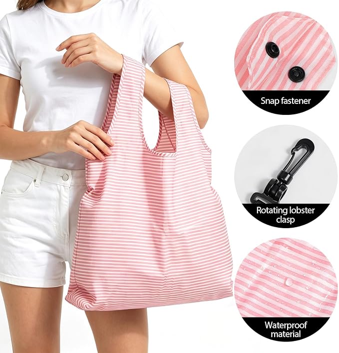 2 Pack Reusable Shopping Bag, Foldable Grocery Bags, Pink | Large Capacity, Washable, Grocery Tote, Utility Travel Shoulder Bag - Image 4
