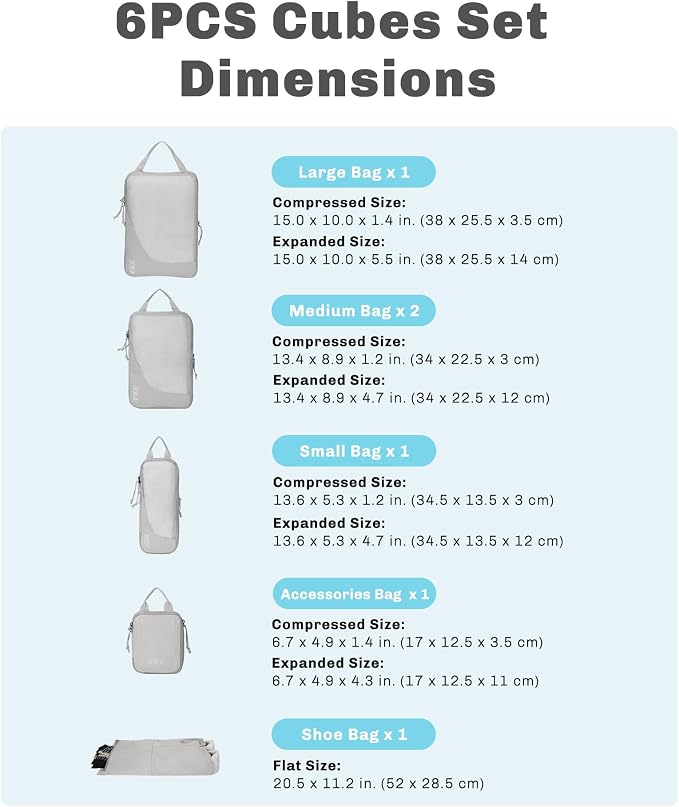 6 Set/ 4 Set/ 2 Set Compression Packing Cubes Travel Essentials Lightweight Nylon Luggage Suitcase Organizer Bag Light Grey 6PCS - Image 2