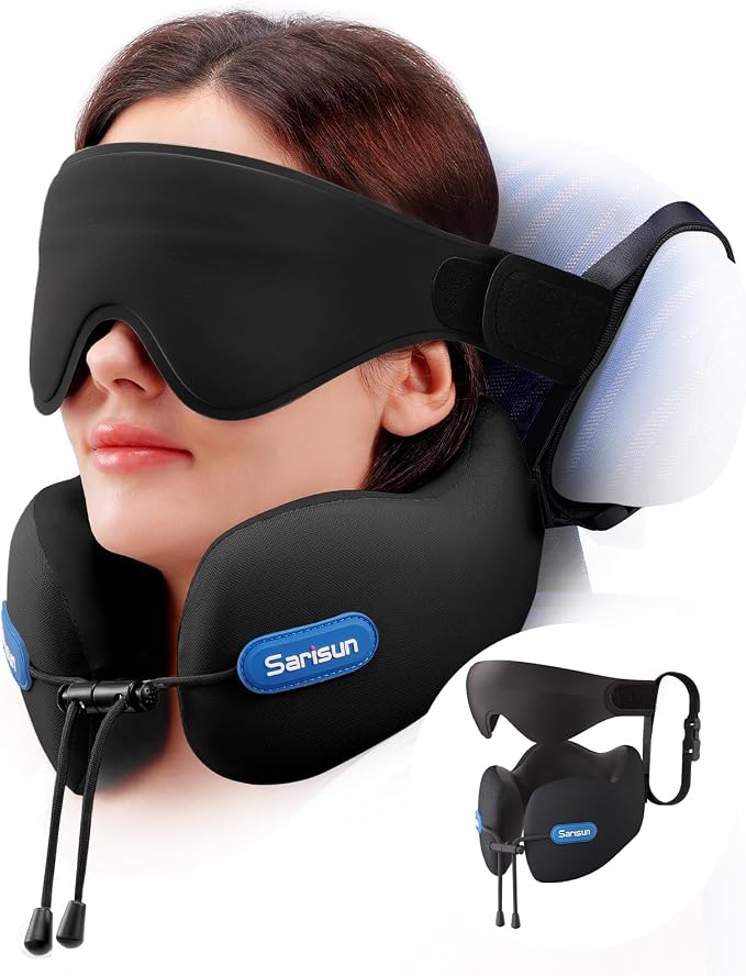 SARISUN Neck Pillow Airplane,w/Seat Strap Support,3D Eye Mask for Travel | 360° Head Chin Support,Premium Memory Foam,Adjustable Buckle,Travel Essential for Long-Haul Flights,Car Road Trip Black by SARISUN