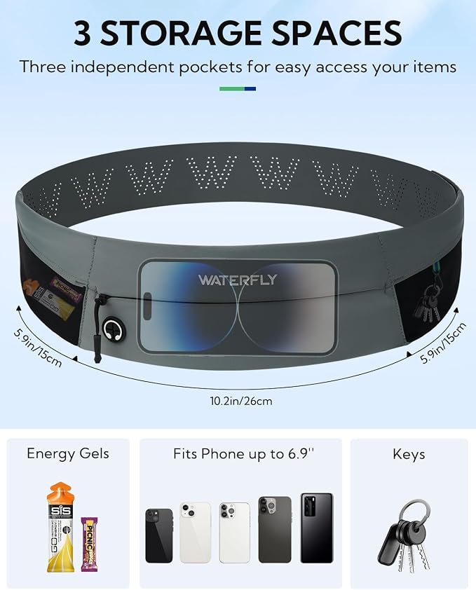 WATERFLY Running Belt Fanny Pack: Slim Lightweight Waist Bag for Runners | Trim-to-Size Hook & Loop Fit 24"-47", Workout Phone Holder, 3 Pockets, Reflective Strip, Fitness Jogging Exercise, Women, Men - Image 4
