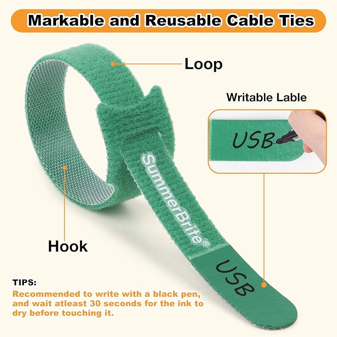 SummerBrite 70 Pack Multi-Color Cable Ties 8 Inch with Writable Labels, Reusable Cord Organizer Straps, Hook & Loop Wire Management for TV, Audio, Ethernet, Electronics & Heavy Duty Cords - Image 3
