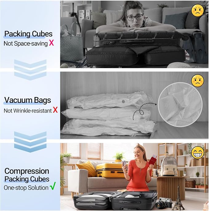 OlarHike 8 Set Compression Packing Cubes for Travel Essentials,Compressible Expandable Space Saver Bags for Organizing Clothes,Luggage Suitcase Garment Bags with Over 1000 pcs Mesh Holes(Black) - Image 7