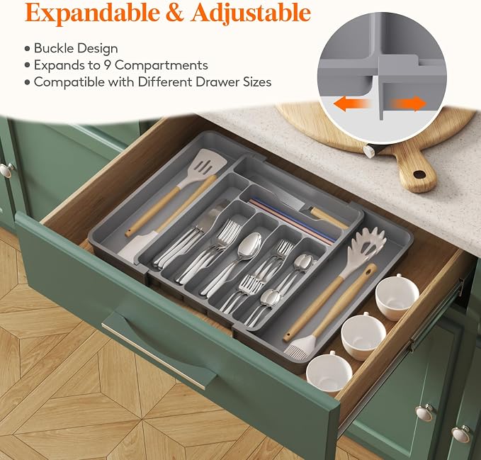 Lifewit Expandable Silverware Drawer Organizer, Kitchen Utensil Tray | BPA-free Plastic Flatware Cutlery Holder, Space-Saving Storage for Spoons Forks Knives, 11.8-19.6 x 15“, Gray - Image 4