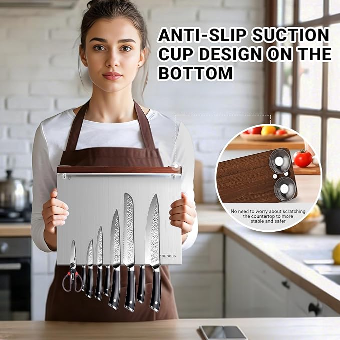 Magnetic Knife Block Stand Without Knives Double Sided Magnetic Knife Holder Rack for Kitchen Counter Stainless Steel Knife Magnetic Strip Display Stand Storage Organizer with Wood Base - Image 4