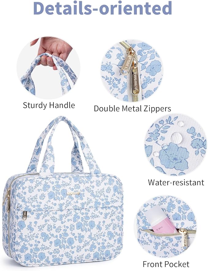 Narwey Floral Hanging Toiletry Bag, Travel Makeup Organizer Cosmetic Make up Bags for Women, Travel Toiletries Essentials Accessories (Blue Flower, Medium) - Image 4